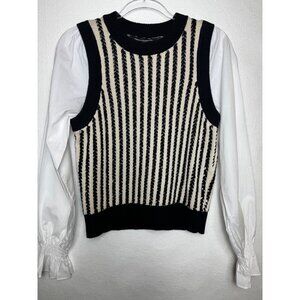 French Connection Black & White Moma Vest Mix Top Medium Preppy Sweater Knit